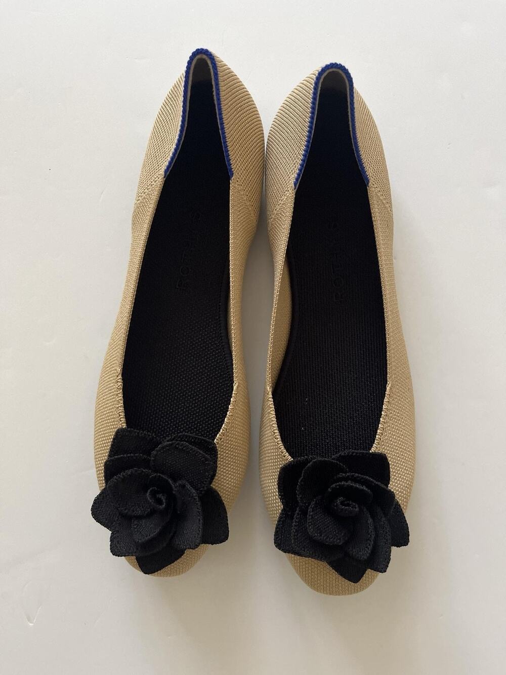 Rothy's The Petal Square Shoes Women Sz 11 Beige Black Flower Knit Ballet Flats